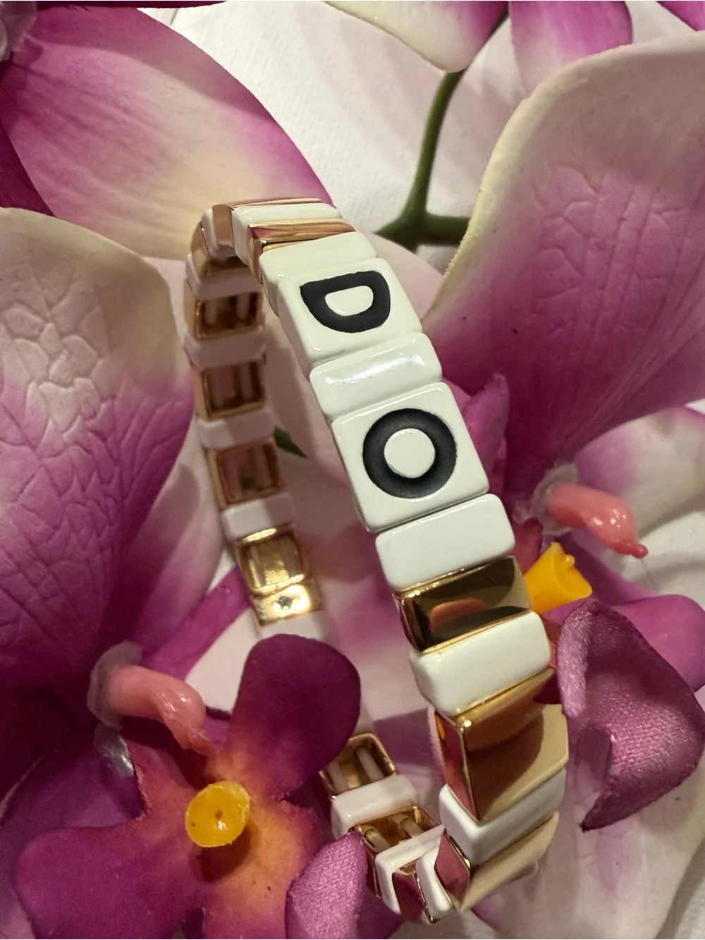 Roxanne Assoulin Gold Plated And White 'DO' Tile Stretch Bracelet NEW AUTHENTIC